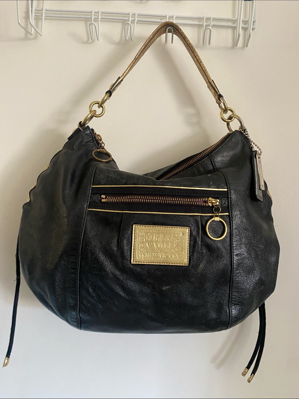 Coach Black Leather Hobo with Gold-Tone Plaque and Strap